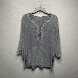 Luna Moon Embroidered Gray Tunic Top Small 3/4 Sleeve Boho Style